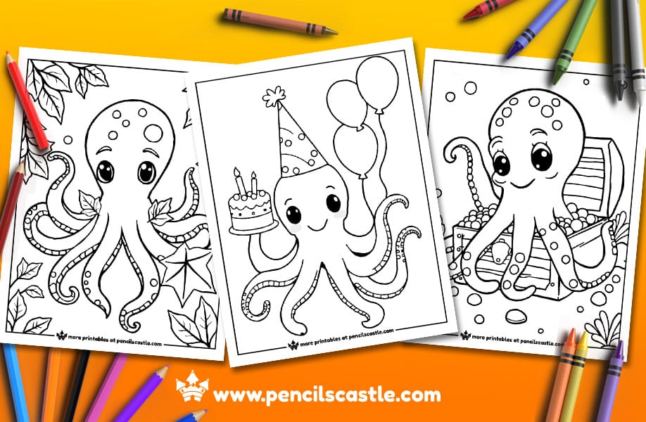 three octopus coloring pages with pencils and crayons on an orange background