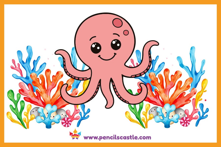 Octopus drawing surrounded by coral reefs