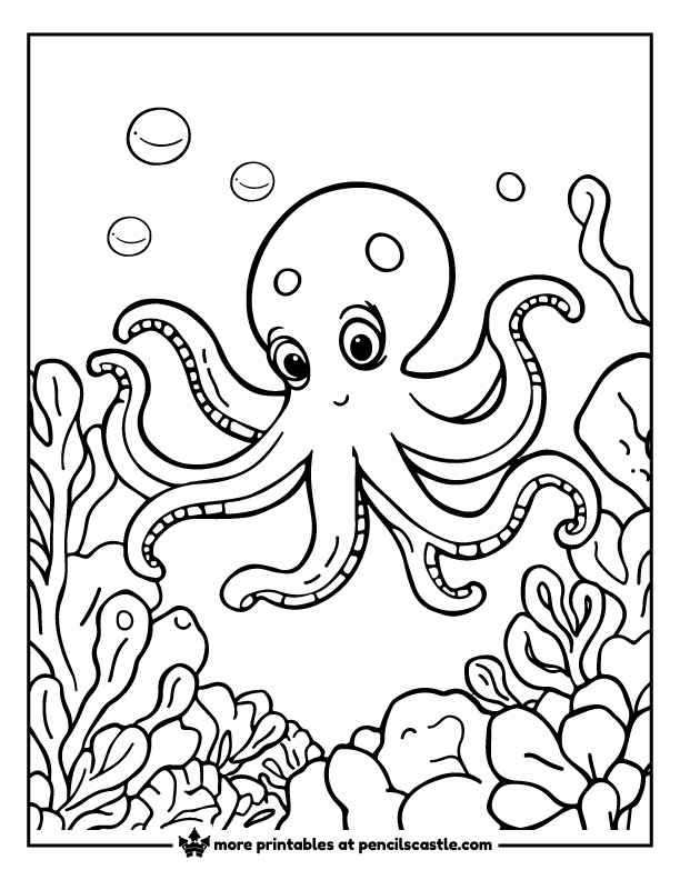 Octopus floating in a coral reef coloring sheet