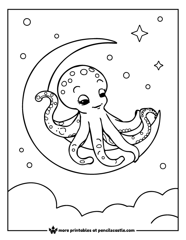 Cute octopus curled up on a crescent moon coloring page