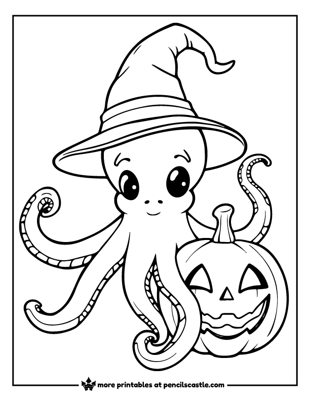 Halloween octopus dressed in a witch hat next to a jack-o’-lantern coloring page