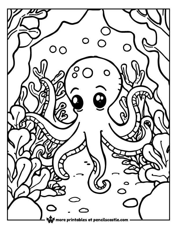 Octopus passing through a coral tunnel coloring page