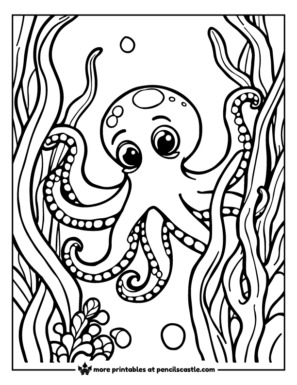 Octopus peeking out from behind seaweed coloring page