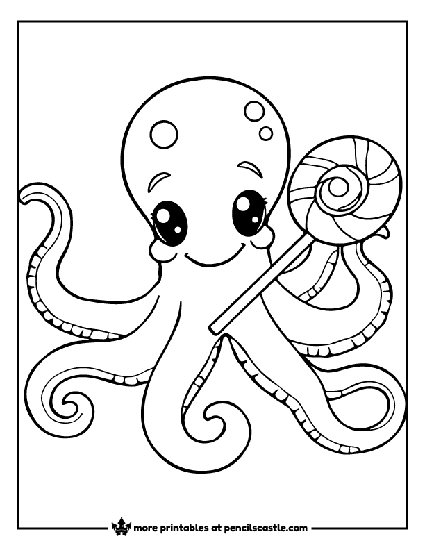 cute octopus smiling and holding a giant swirly lollipop coloring sheet