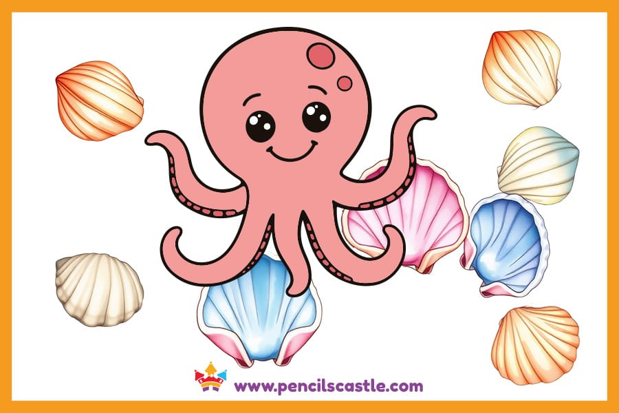 Octopus drawing surrounded by colorful seashells