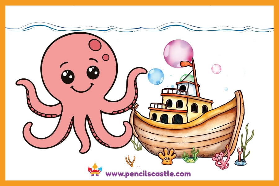 Octopus drawing next to a sunken ship