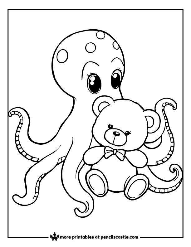 Cute octopus hugging a teddy bear coloring page