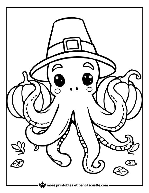 Octopus in a pilgrim hat with pumpkins coloring sheet