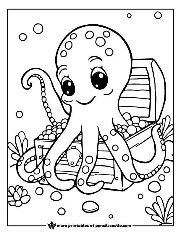 Smiling octopus sitting on a treasure chest coloring page