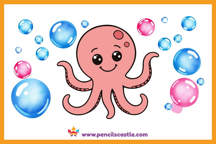 Octopus drawing surrounded by water bubbles