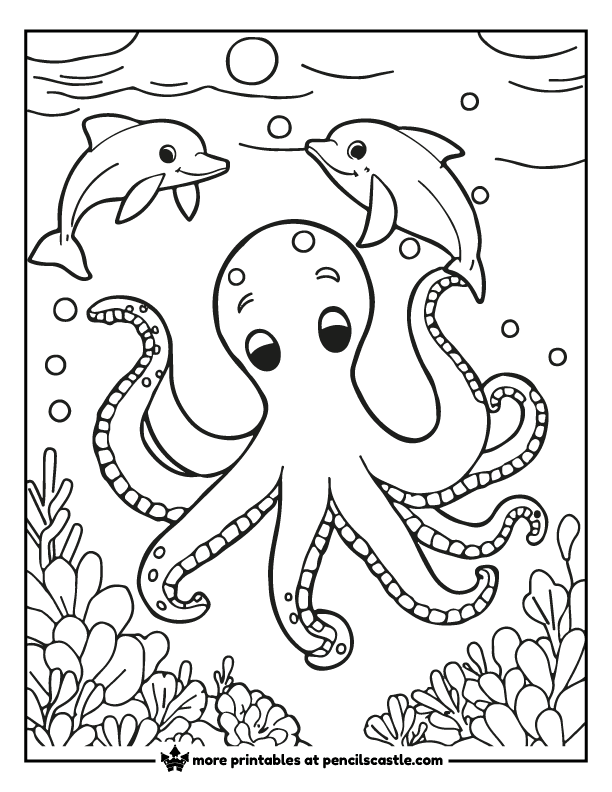 Octopus splashing with dolphins in the ocean coloring sheet