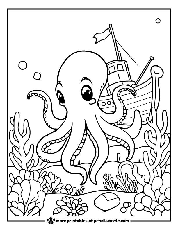 Curious octopus swimming near a sunken ship coloring page