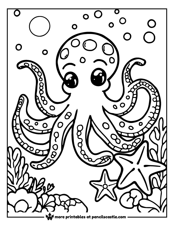 Octopus swimming near starfish coloring sheet