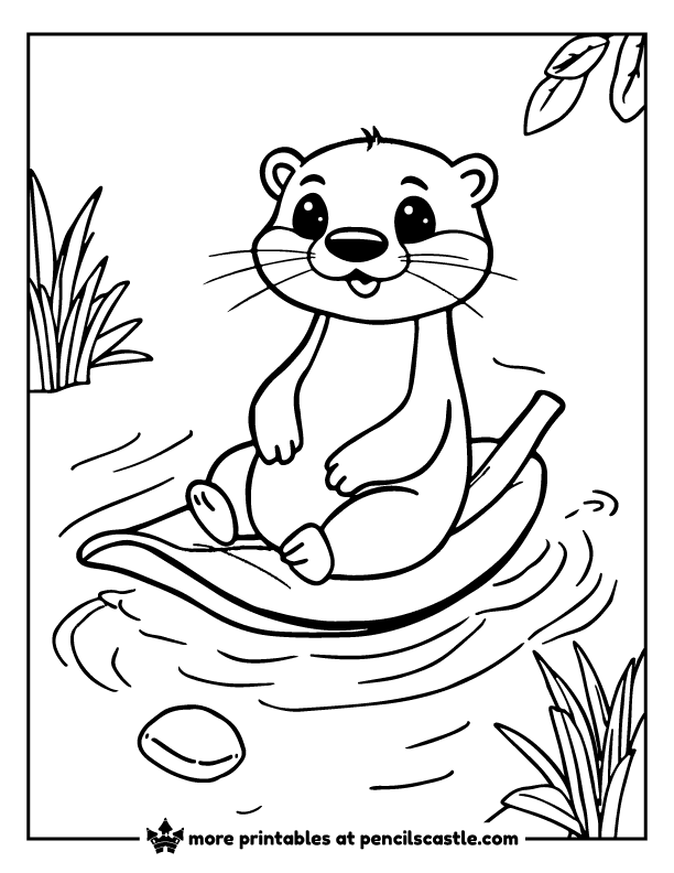 Cute otter balancing on a floating leaf in the river coloring page