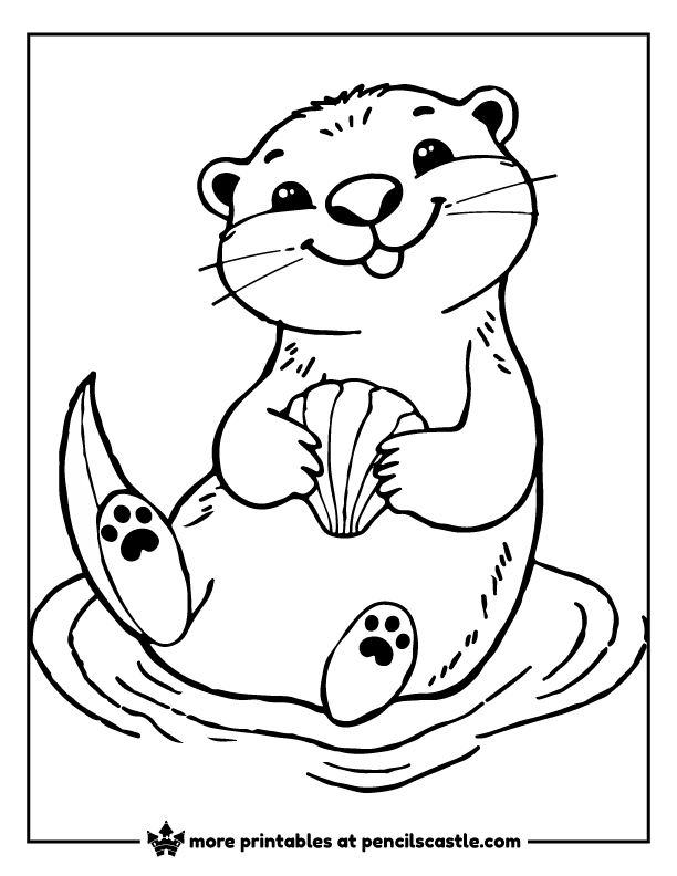 Cute sea otter floating peacefully, cuddling a seashell coloring page