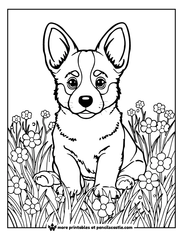 Pembroke Welsh Corgi puppy sitting in a field of flowers coloring page