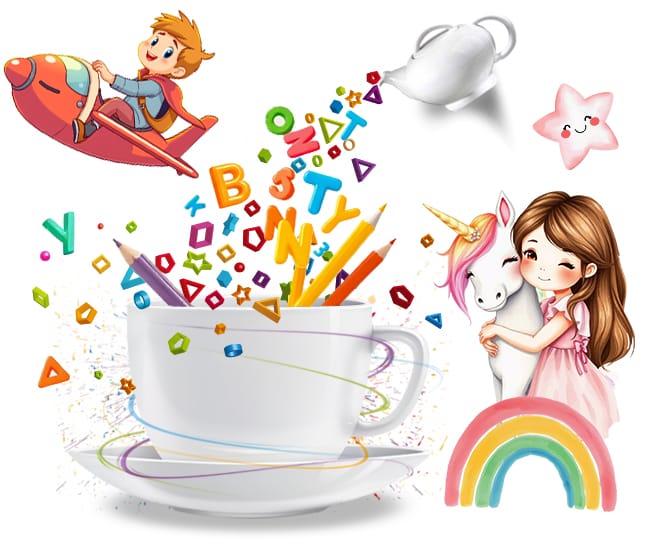 Fantasy illustration showing a boy flying a rocket, a cute girl hugging a unicorn with a rainbow , a cute star, and a teapot pouring a stream of  colored alphabet letters, geometric shapes, and colored pencils into a teacup