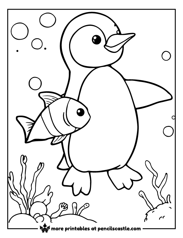 Penguin swimming with a fish near sea plants coloring sheet