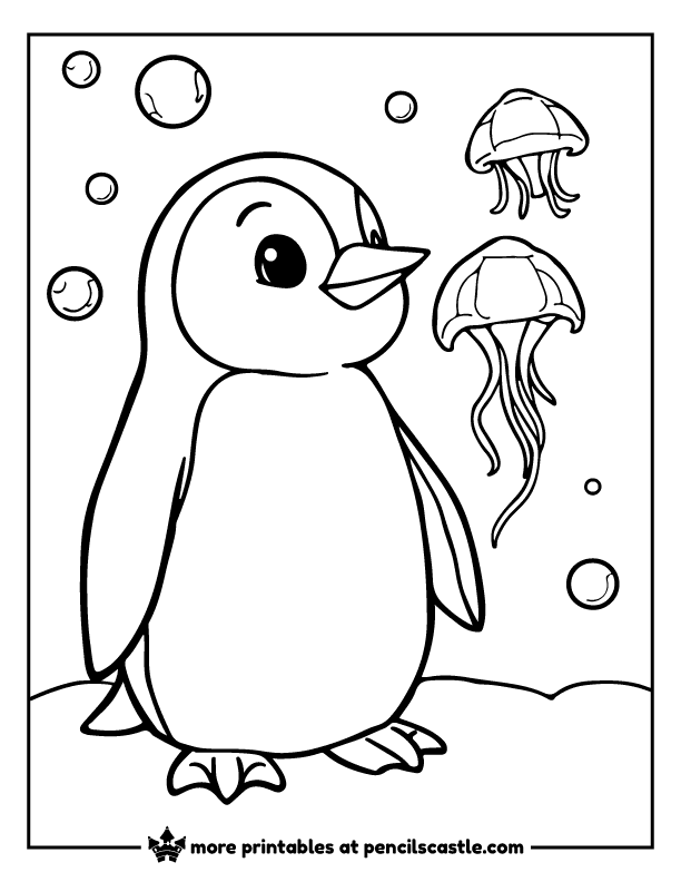 Penguin curiously looking at floating jellyfish coloring page