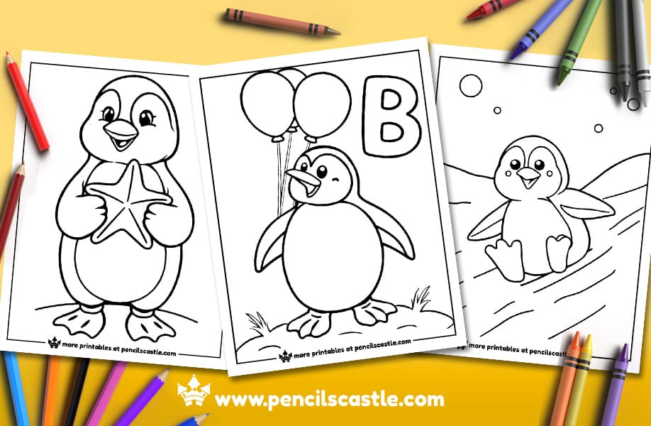 three penguin coloring pages surrounded by colored pencils and crayons