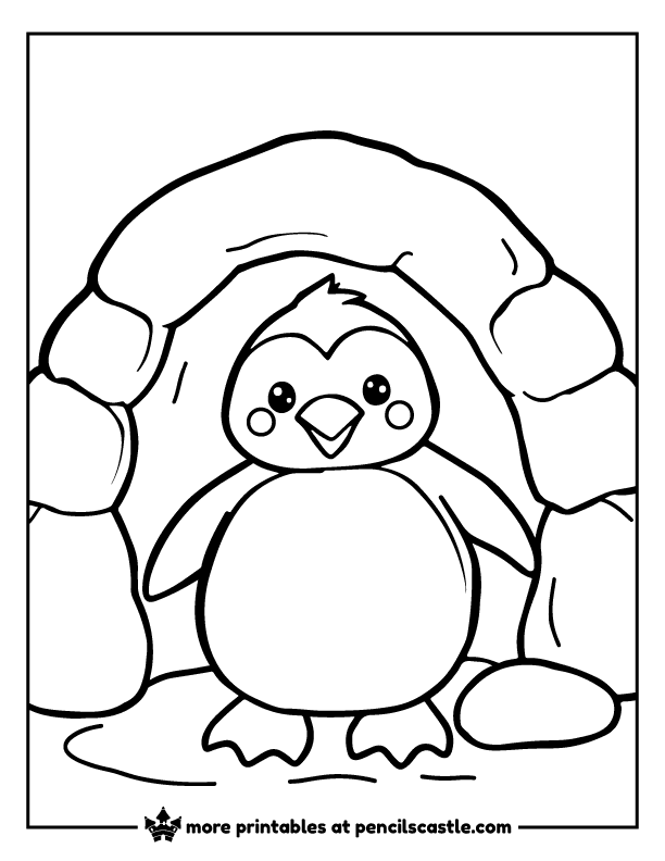 Penguin peeking out of an igloo coloring page