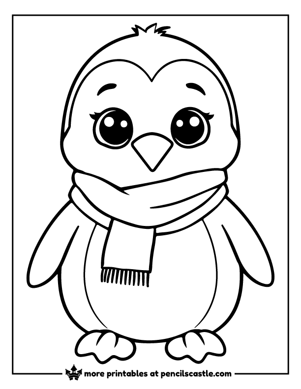 Cute cozy penguin bundled up with a winter scarf coloring sheet