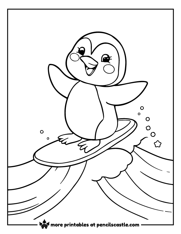 Penguin surfing happily on a wave coloring page
