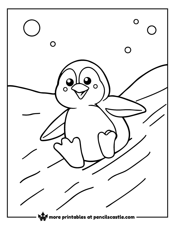 Cute playful penguin sliding down an icy slope coloring page