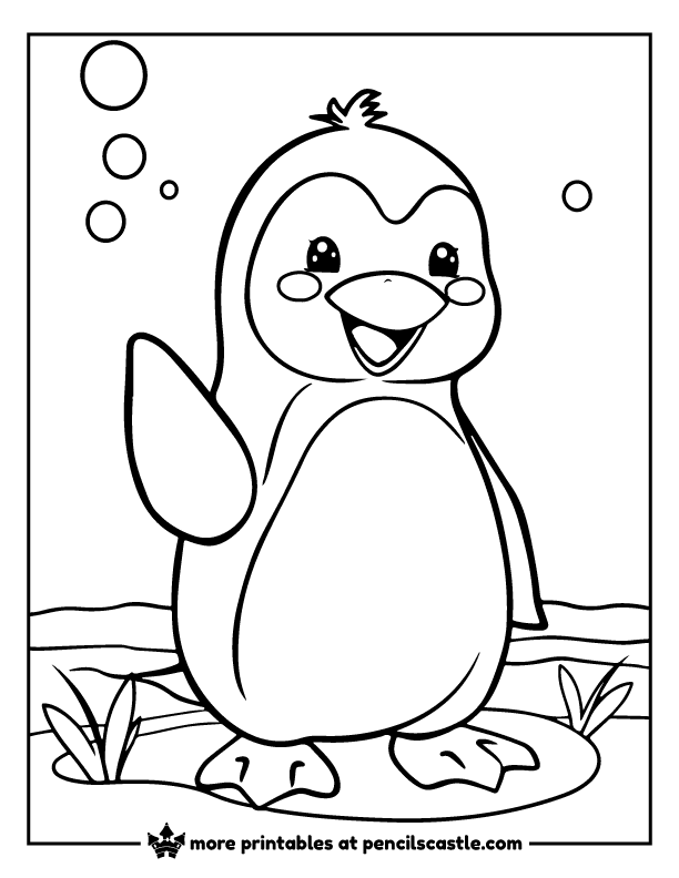 Cute penguin waving happily coloring page