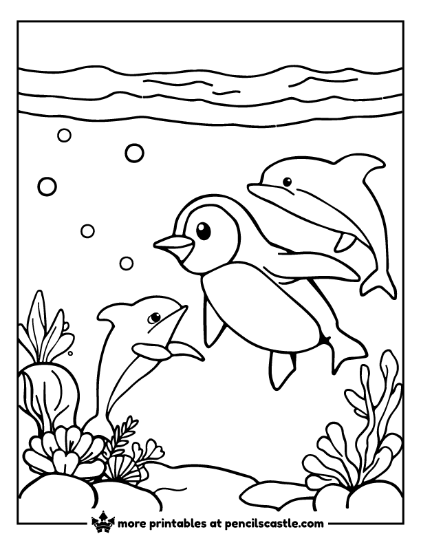 Penguin gliding underwater alongside dolphins coloring page