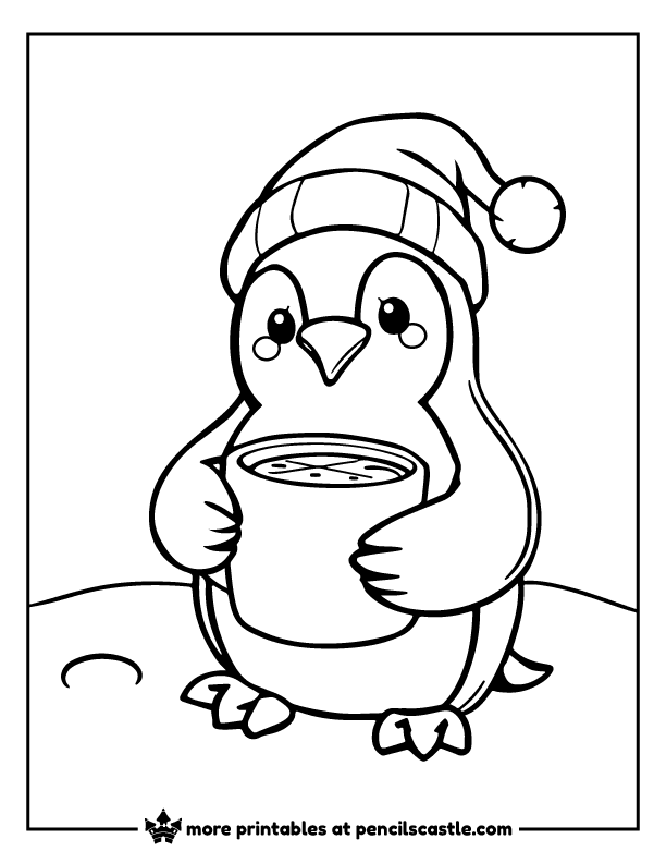 Cozy penguin wearing a nightcap and  holding a steaming mug of cocoa coloring page