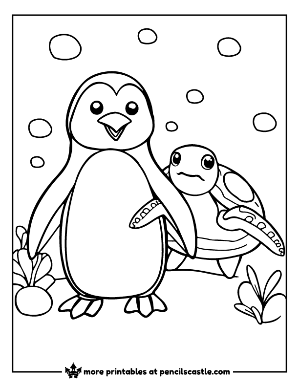 Friendly penguin swimming next to a sea turtle coloring sheet
