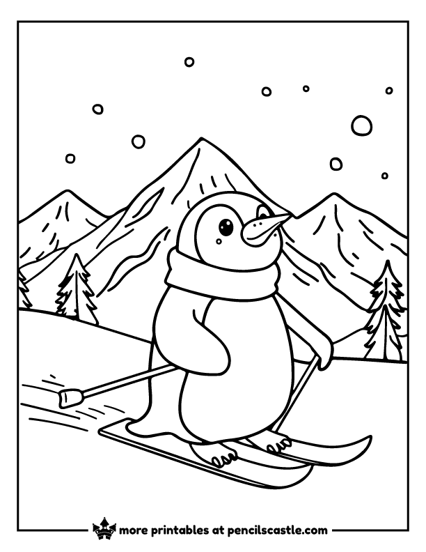 Penguin ready to ski down a snowy mountain slope coloring sheet