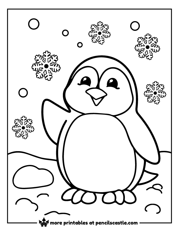 Penguin smiling while snowflakes fall around it coloring page