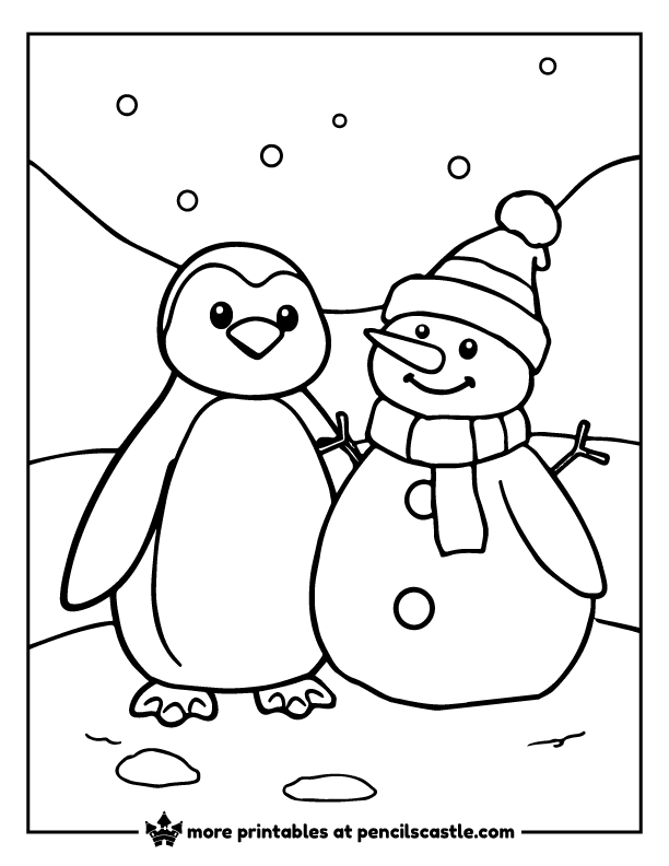 Penguin standing next to a snowman coloring sheet