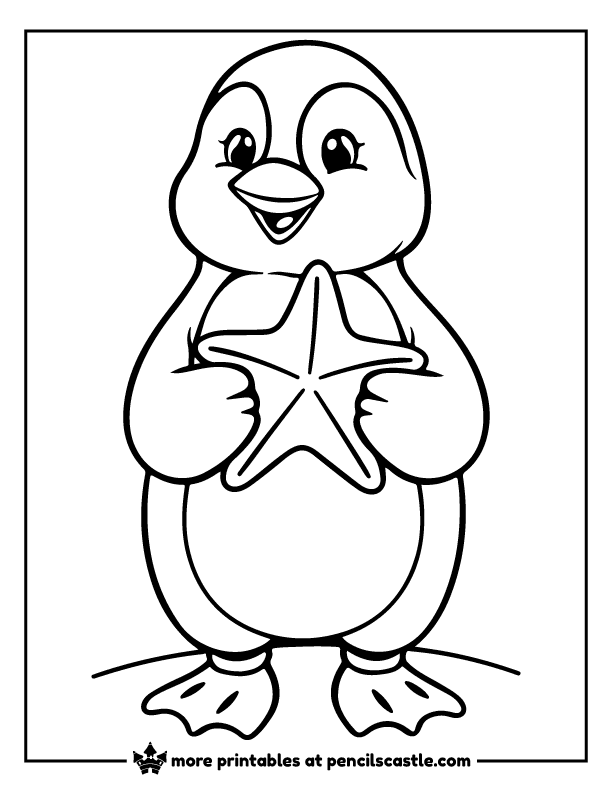 Penguin holding a starfish coloring sheet