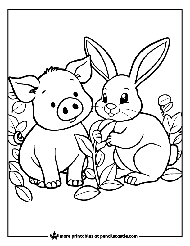 pig sitting next to a bunny surrounded by leaves coloring page