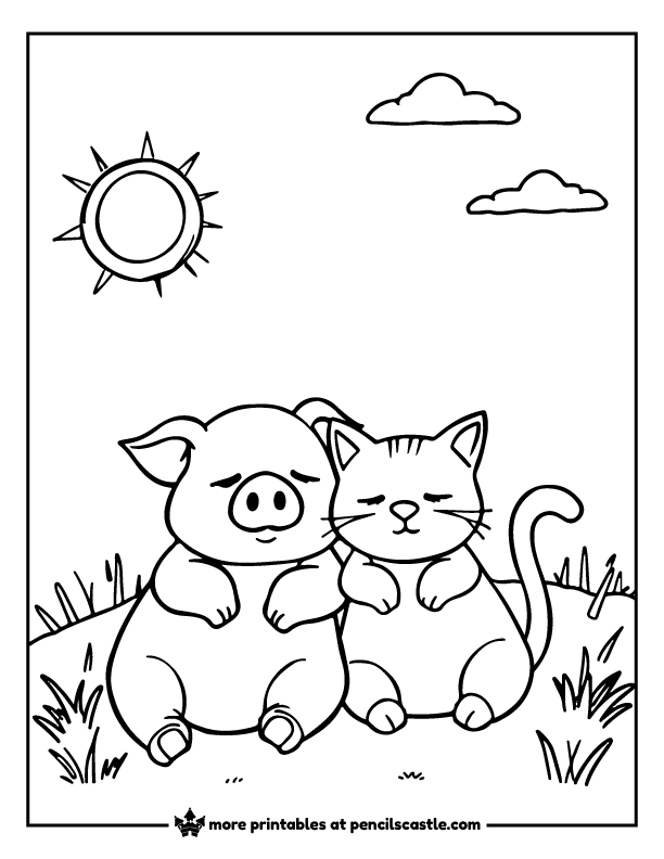 pig and cat sleeping in a field of grass under the sun and clouds coloring page