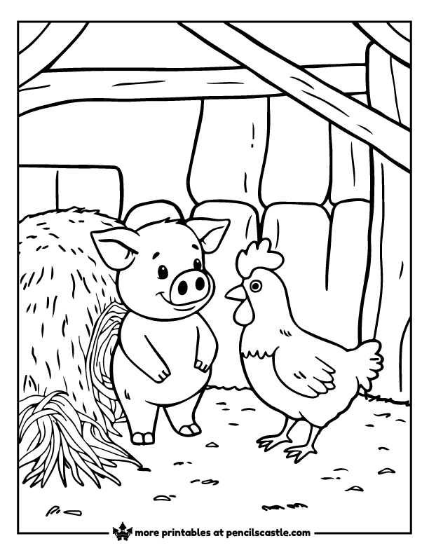 pig looking at a chicken in a barn with hay and wooden beams coloring page