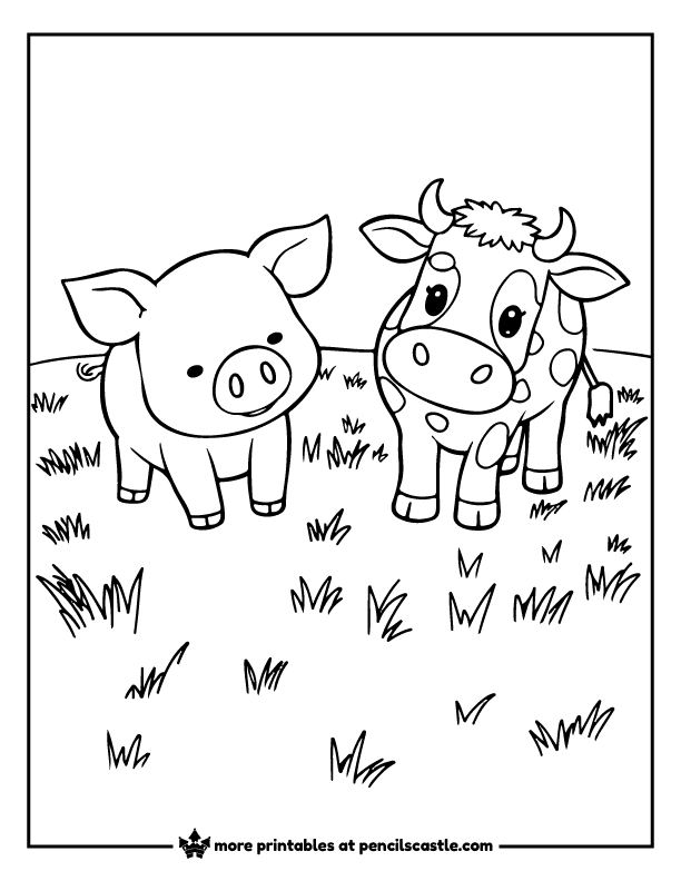 pig and cow playing in the pasture coloring page