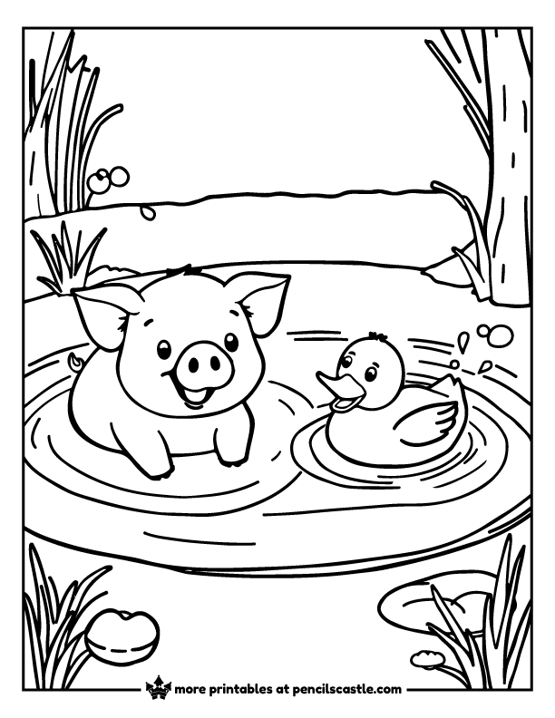 piglet and a duckling sitting in a pond coloring page