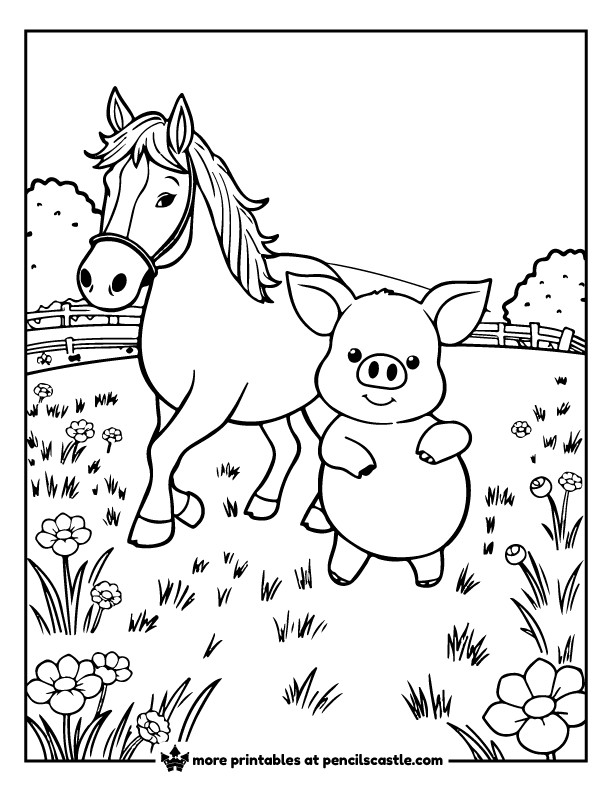 pig standing next to horse in a field of grass and flowers coloring page