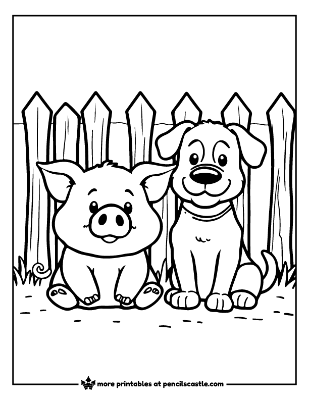 piglet and puppy dog sitting by a fence coloring page