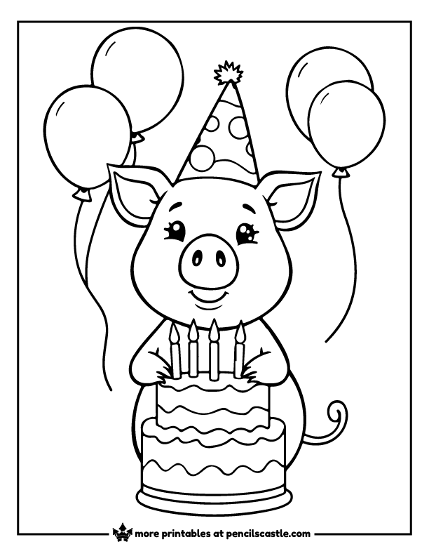 pig in a party hat with a birthday cake and balloons coloring page