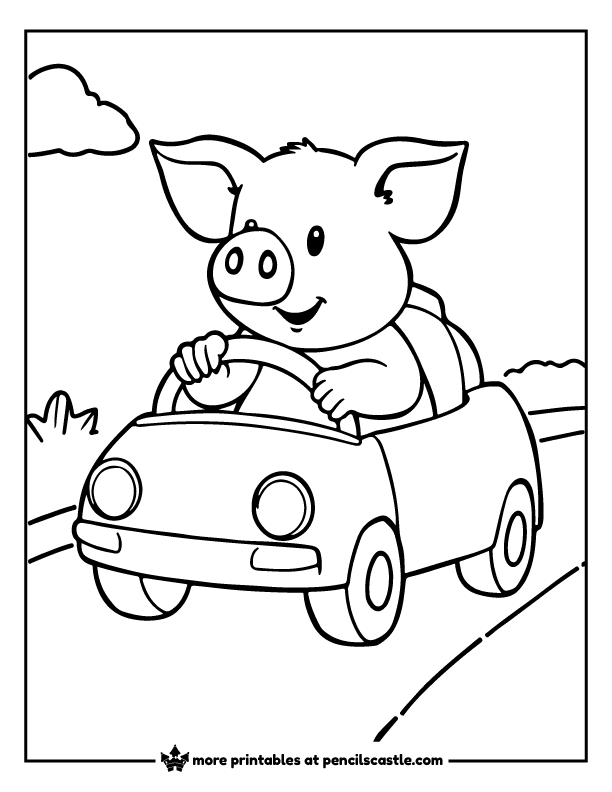 pig driving a small car on a road coloring page