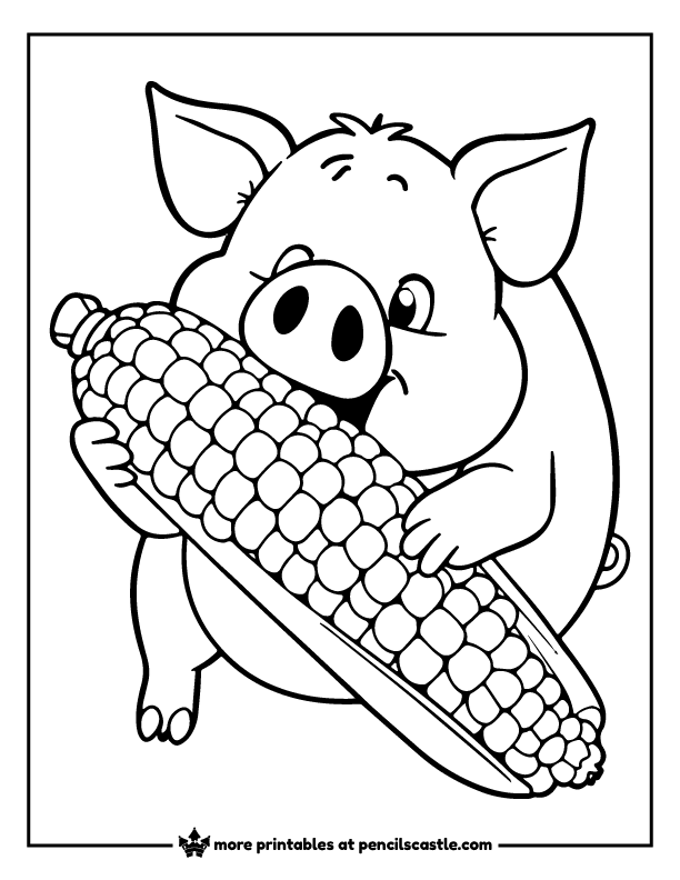 pig munching on a large ear of corn coloring page