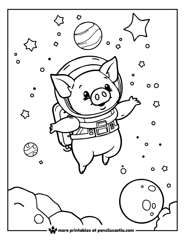 pig wearing an astronaut helmet and suit with planets and stars coloring page