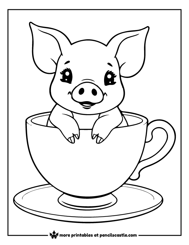 cute piglet sitting inside a teacup with a saucer coloring sheet