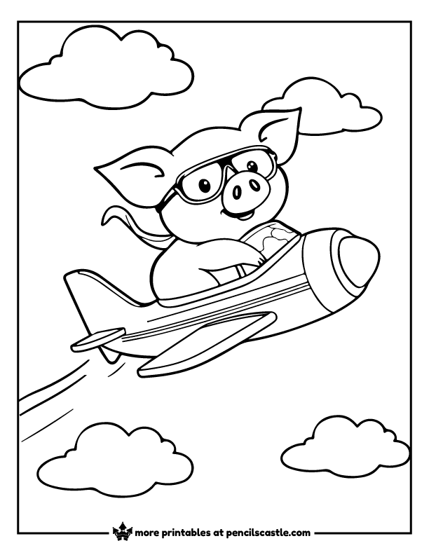 pig wearing goggles and a scarf, piloting a small plane through clouds coloring page