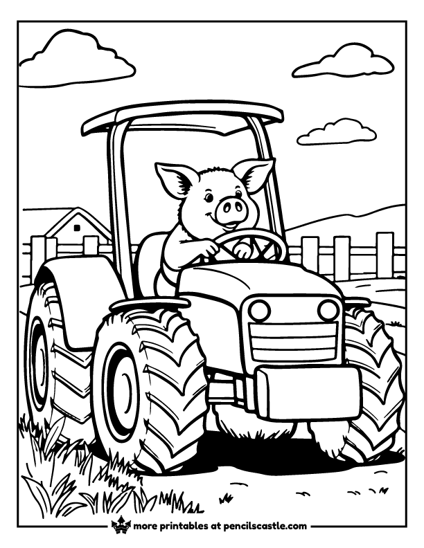 pig driving a tractor in a field with a a fence and clouds coloring page
